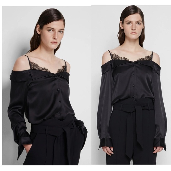 JONATHAN SIMKHAI Caylee Silk Lace Plisse Off Shoulder  Button Down Blouse Top - Picture 10 of 16